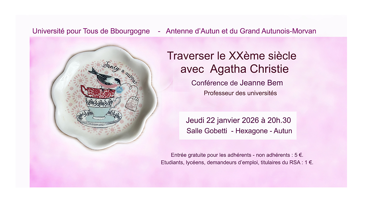 Conférence : Traverser le XXème siècle avec Agatha Christie, par Jeanne Bem, Professeur des universités.